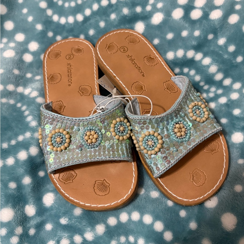 Kids Blue Beaded Slide Sandals